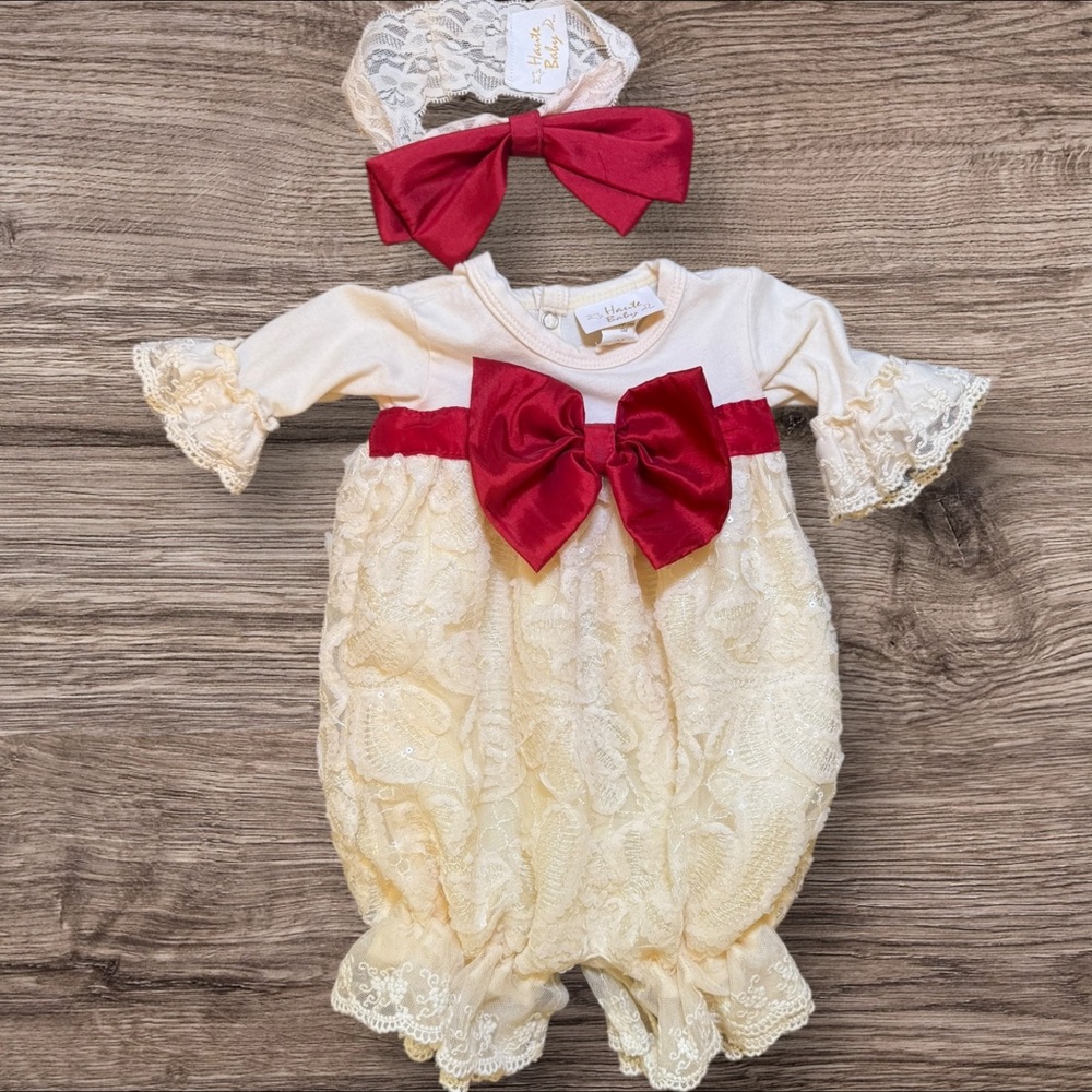 Cream Lace Baby Romper with Red Bow